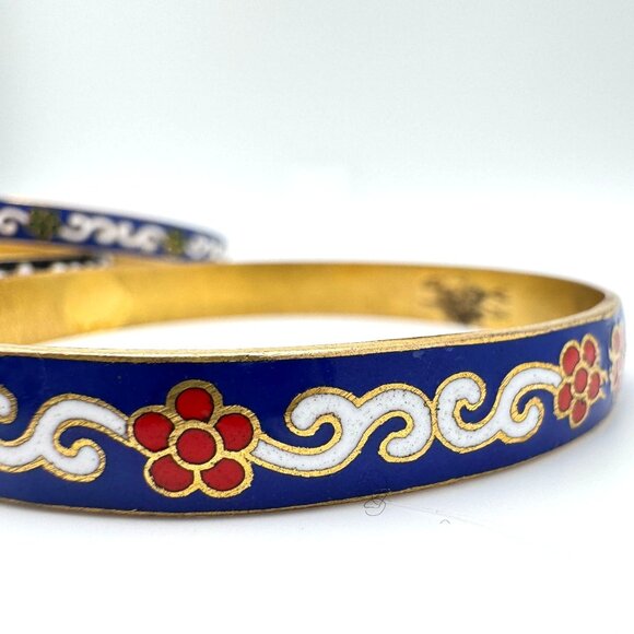Cloisonne Enamel Brass Blue Red Green Black Vtg Set of 3 Bangle Bracelet  7.5 - Picture 6 of 16